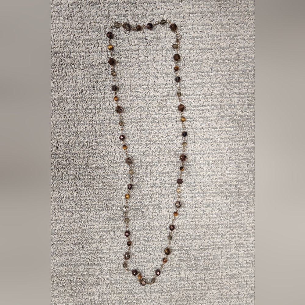 Necklace - Gold Tone With Variety Of Brown Beads - 40 Inches Long